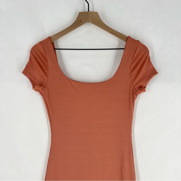 Haute Monde Blush Pink Stretch Ribbed Jersey Knit Side Slit Bodycon Maxi Dress - Picture 8 of 13